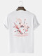 Mens Crane Floral Letter Back Print Cotton Casual Short Sleeve T-Shirts - White