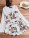 Flower Print Patchwork Button Long Sleeve Blouse - White