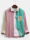 Mens Corduroy Colorblock Patchwork Casual Chest Pocket Long Sleeve Shirts - Green