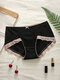 Plus Size Women Rib Lace Trim Bowknot Cotton Cozy Panties - Black