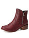 Large Size Women Casual Side-zip Pointed Toe Brief Solid Color Low Heel Ankle Boots - Wine Red