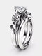 2 Pcs/Set Trendy Luxury Inlaid Rhinestone 3D Flower Double-layer Circle Geometric-shaped Alloy Wedding Ring - White Gold