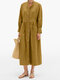Solid Color Button Long Sleeves Casual Dresses for Women - Brown