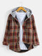 Mens Plus Velvet Plaid Casual Button Thick Hooded Shirts With Pocket - Red