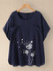 Casual Print O-neck Plus Size T-shirt With Pockets - Navy