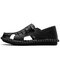 Men Hand Stitching Hole Breathable Soft Water Friendly Leather Sandals - Black