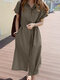 Solid Button Pocket Lapel Short Sleeve Casual Shirt Dress - Coffee
