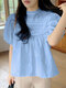 Crochet Lace Stand Collar Puff Sleeve Elegant Blouse - Blue