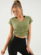 Solid Drawstring V-neck Short Sleeve Casual Crop Top - Army Green