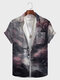 Camisas masculinas allover chinesas com estampa de paisagem com bolso no peito e manga curta - Rosa
