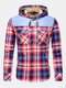 Mens Plaid 100% Cotton Plush Lined Thick Snap Button Shirt Hooded Overcoats - Red