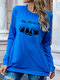 Cat Print Long Sleeve Loose Casual T-Shirt For Women - Blue