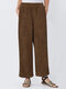 Corduroy Straight Solid Elastic Waist Pockets Women Casual Pants - Brown