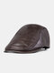 Men Cow Leather Plus Velvet Solid Color Patchwork Thicken Windproof Warmth Beret Flat Cap - Light Brown