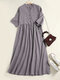 Solid Button Loose 3/4 Sleeve Lapel Casual Dress - Gray