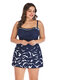 Plus Size Polka Dot Swimdresses Bird Print Women Swimwear - Navy