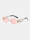 Unisex Full Metal Oval Frame Hollow Glasses Legs Tinted Lenses Anti-UV Sunglasses - Sliver Frame Pink Lenses