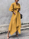 Tie Waist Solid Color Irregular Short Sleeve Dress For Women - Yellow