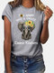Cartoon Elephant Letter Print Short Sleeve T-shirt For Women - Grey