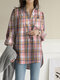 Check Print High-low Long Sleeve Loose Button Down Shirt - Pink
