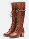 Plus Size Women Rivet Lace Up Chunky Heel Mid Calf Boots - Brown