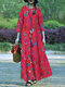 Flower Print O-neck 3/4 Sleeve Women Loose Vintage Dress - Red