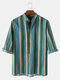Mens Colorful Striped Oil Print Breathable Light 3/4 Sleeve Henley Shirts - Green