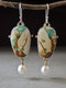 Vintage Alloy Colorful Turquoise Pearl Drop Earrings - Brown