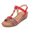 LOSTISY Women Beaded Opened Toe Buckle Bohemian Wedges Sandals - Red