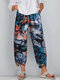 Vintage Painted Printed Elastic Waist Casual Pants For Women - Yellow