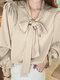 Solid Bowknot Collar Puff Long Sleeve Blouse For Women - Khaki