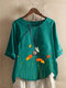 Flower Embroidery Button Half Sleeve Blouse For Women - Green