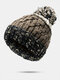 Unisex Mixed Color Knitted Plus Velvet Thickened Twist Pattern Fur Ball Decoration Flanging Warmth Beanie Hat - #02