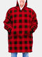 Men Camo Plaid Print Flannel Blanket Hoodies Thicken Sweatshirt Handy Pocket Oversized Homewear - Red