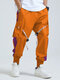 Mens Side Stripe Patchwork Ribbon Design Cuffed Cargo Pants - Orange