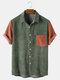Mens Corduroy Patchwork Turn Down Collar Short Sleeve Shirts - Green