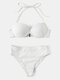 Women Solid Ribbed Underwire Push Up Halter String Back Closure Bikinis Swimwear - White