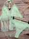 Women Hollow Out Tassel Trims Backless Weave Halter Holiday Beach Bikinis - Green
