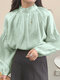 Solid Drop Shoulder Loose Stand Collar Long Sleeve Blouse - Green