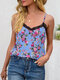 Floral Print Lace Patchwork Adjustable Strap Women Sexy Cami - Blue