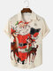 Mens Christmas Santa Claus Deer Print Lapel Short Sleeve Shirts - Apricot