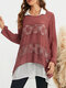 Lace Stitch Long Sleeve Lapel Blouse For Women - Wine Red