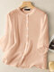 Solid Loose Button Half Sleeve Casual Crew Neck Blouse - Orange