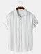Mens Striped Pattern Lapel Short Sleeve Button Up Casual Shirt - Gray