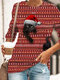 Black Cat Print Long Sleeve Plus Size Christmas T-shirt - Red