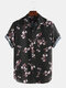 Flowers Printed Breathable Loose Short Sleeve Lapel Shirt - Black