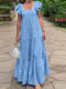 Women Solid Tiered Square Collar Ruffle Sleeve Maxi Dress - Blue