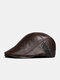 Men Cow Leather Color Contrast Patchwork Cross Strap Decoration Outdoor Casual Warmth Beret Flat Cap - Dark Brown