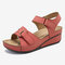 Women Beach Soft Sole Stitching Hollow Hook Loop Wedge Sandals - Red