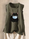 Cartoon Cat Printed Sleeveless O-Neck Tank Tops - Army